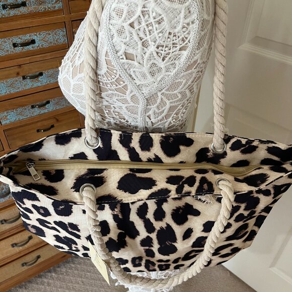 Leopard Print Canvas Tote Bag/ Rope Handles - Tan/Black/Brown - Style 1 -NWT - Picture 7 of 9